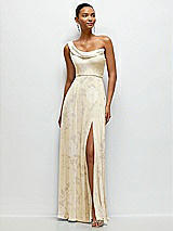Front View Thumbnail - Butter Yellow Floral Chiffon One-Shoulder Maxi Dress with Draped Cowl Neckline