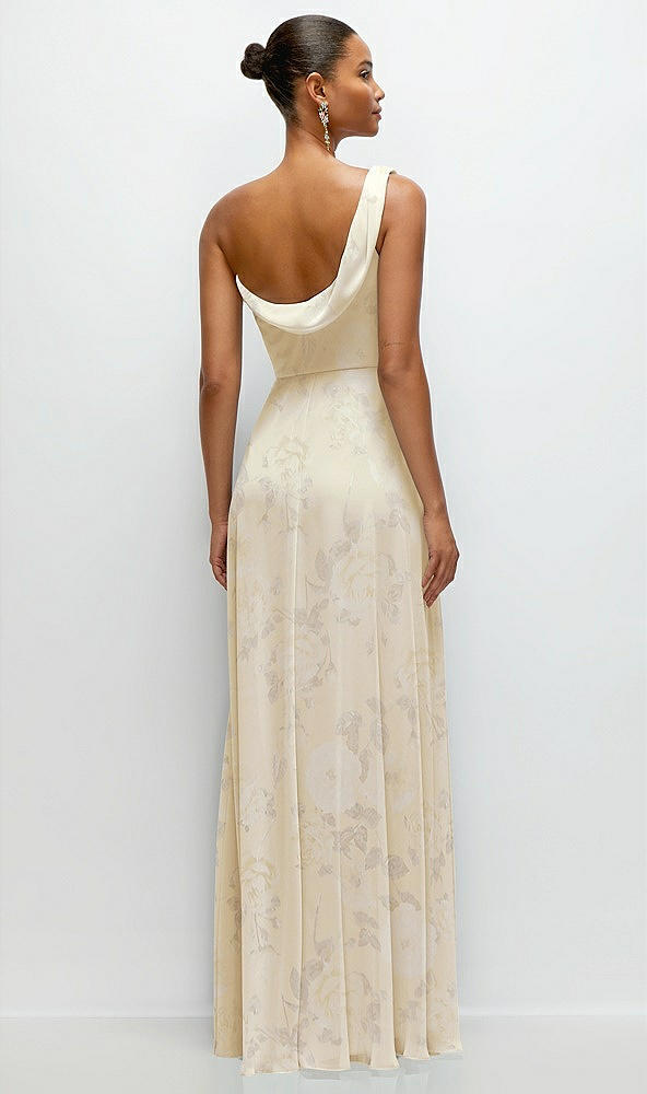 Back View - Butter Yellow Floral Chiffon One-Shoulder Maxi Dress with Draped Cowl Neckline