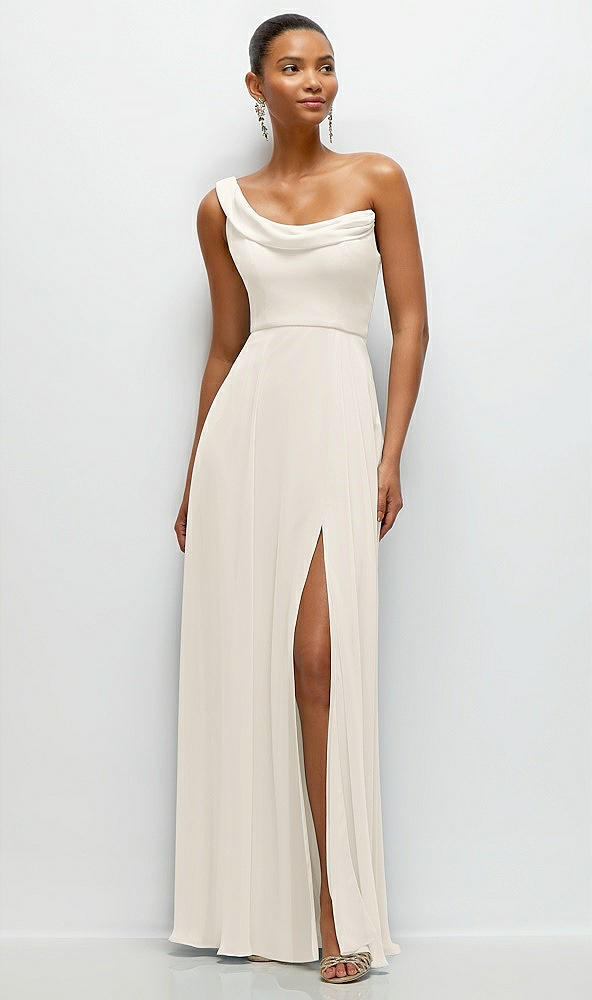 Front View - Ivory Chiffon One-Shoulder Maxi Dress with Draped Cowl Neckline