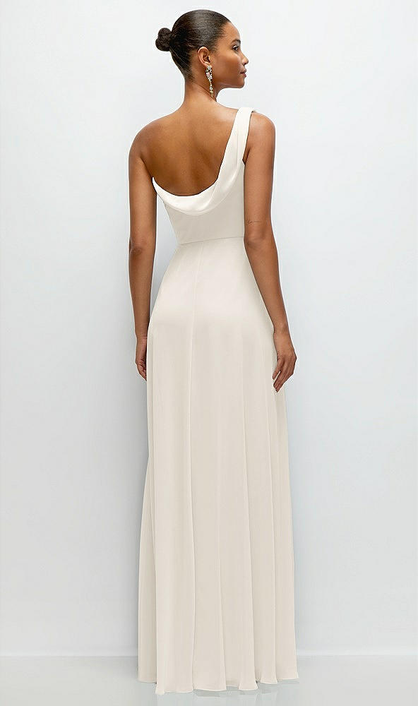 Back View - Ivory Chiffon One-Shoulder Maxi Dress with Draped Cowl Neckline