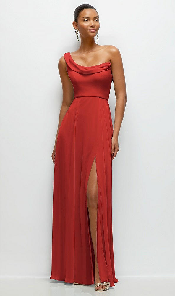 Front View - Poppy Red Chiffon One-Shoulder Maxi Dress with Draped Cowl Neckline