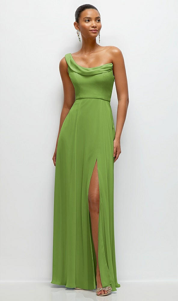 Front View - Peridot Green Chiffon One-Shoulder Maxi Dress with Draped Cowl Neckline