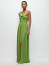 Side View Thumbnail - Peridot Green Chiffon One-Shoulder Maxi Dress with Draped Cowl Neckline