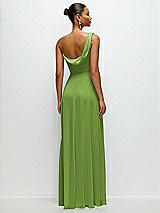 Rear View Thumbnail - Peridot Green Chiffon One-Shoulder Maxi Dress with Draped Cowl Neckline