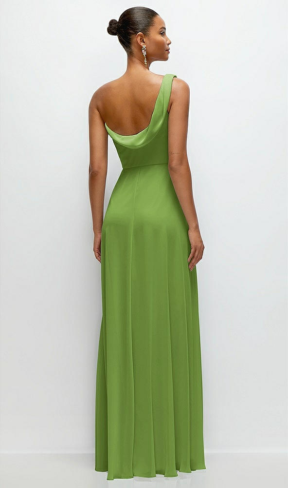 Back View - Peridot Green Chiffon One-Shoulder Maxi Dress with Draped Cowl Neckline