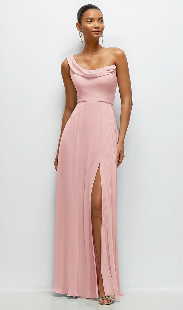 Front View - Rose Chiffon One-Shoulder Maxi Dress with Draped Cowl Neckline