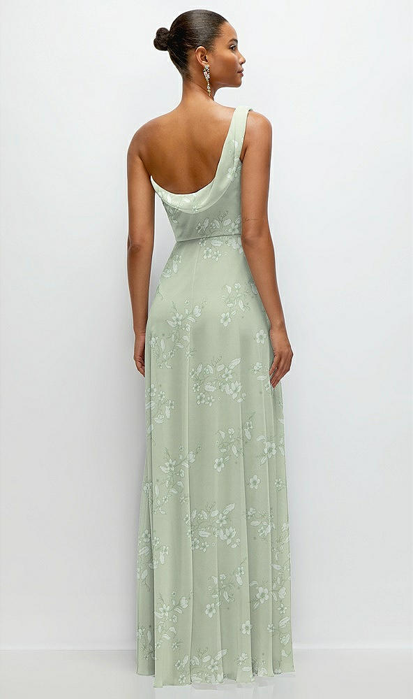 Back View - Vintage Primrose Sage Chiffon One-Shoulder Maxi Dress with Draped Cowl Neckline