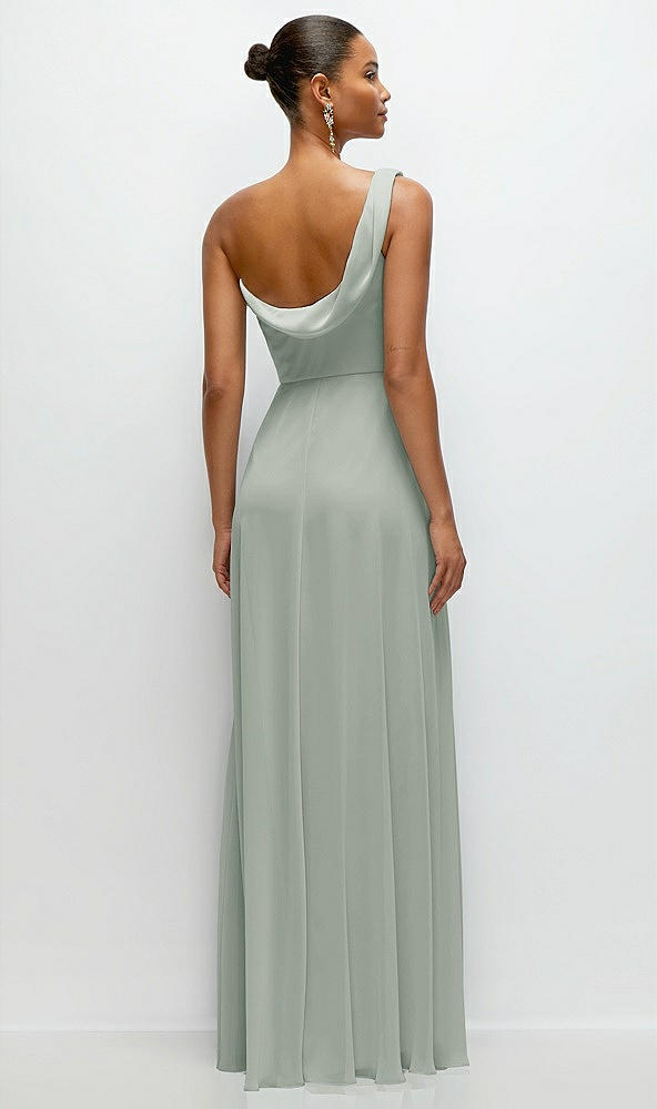 Back View - Willow Green Chiffon One-Shoulder Maxi Dress with Draped Cowl Neckline