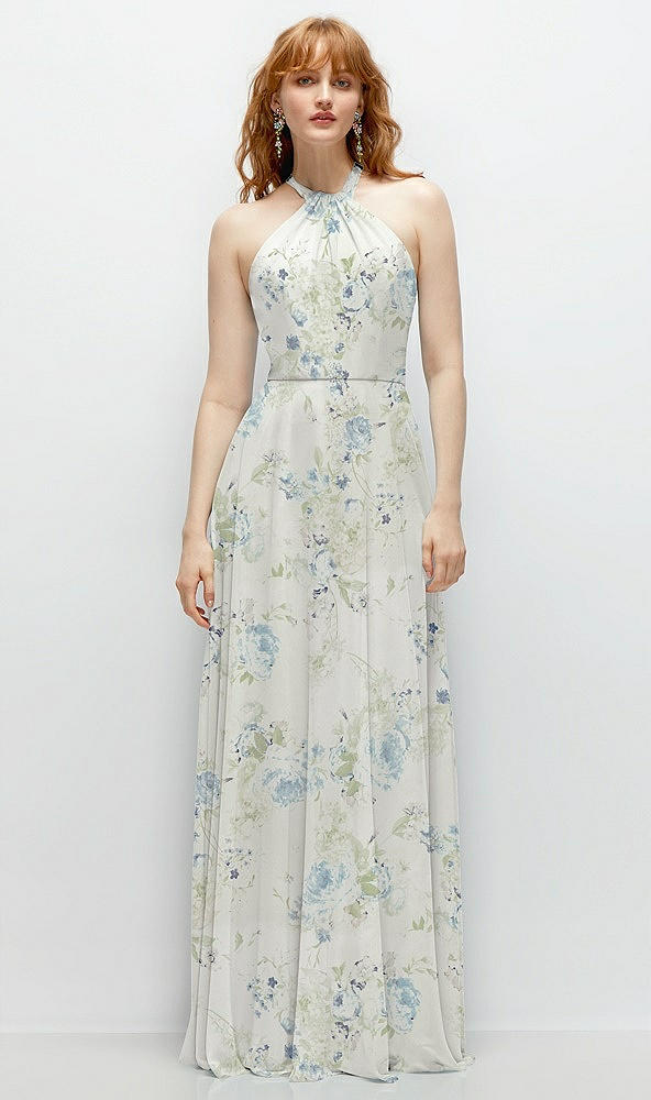 Front View - Bleu Garden Shirred Halter Chiffon Maxi Dress with Back Sash-Tie Closure