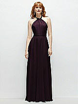 Front View Thumbnail - Deep Plum Shirred Halter Chiffon Maxi Dress with Back Sash-Tie Closure