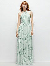 Front View Thumbnail - Mint Green Floral Shirred Halter Chiffon Maxi Dress with Back Sash-Tie Closure