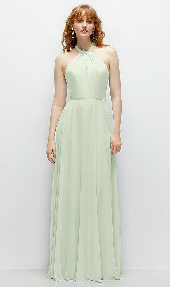 Front View - Mint Green Shirred Halter Chiffon Maxi Dress with Back Sash-Tie Closure