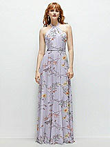 Front View Thumbnail - Butterfly Botanica Silver Dove Shirred Halter Chiffon Maxi Dress with Back Sash-Tie Closure