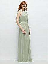 Side View Thumbnail - Celadon Shirred Halter Chiffon Maxi Dress with Back Sash-Tie Closure