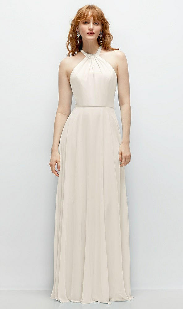 Front View - Ivory Shirred Halter Chiffon Maxi Dress with Back Sash-Tie Closure