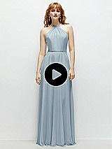 Video 1 Thumbnail - Mint Green Floral Shirred Halter Chiffon Maxi Dress with Back Sash-Tie Closure