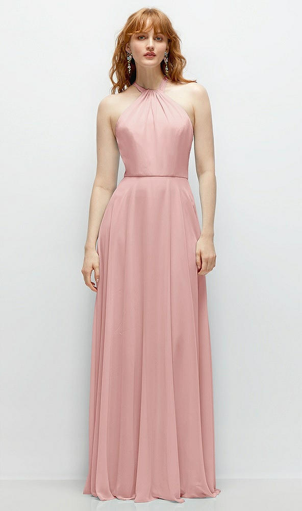 Front View - Rose Shirred Halter Chiffon Maxi Dress with Back Sash-Tie Closure
