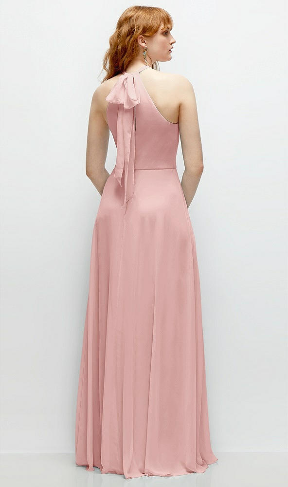 Back View - Rose Shirred Halter Chiffon Maxi Dress with Back Sash-Tie Closure