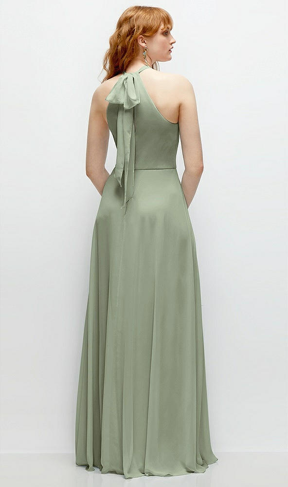 Back View - Sage Shirred Halter Chiffon Maxi Dress with Back Sash-Tie Closure