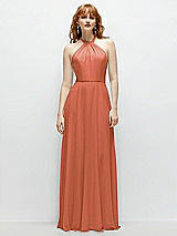 Front View Thumbnail - Terracotta Copper Shirred Halter Chiffon Maxi Dress with Back Sash-Tie Closure