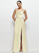 Front View Thumbnail - Butter Yellow Cowl Neck Satin Maxi Dress with Adjustable Spaghetti Straps