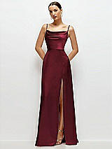 Front View Thumbnail - Cabernet Cowl Neck Satin Maxi Dress with Adjustable Spaghetti Straps