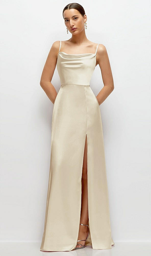 Front View - Champagne Cowl Neck Satin Maxi Dress with Adjustable Spaghetti Straps