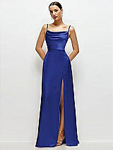 Front View Thumbnail - Cobalt Blue Cowl Neck Satin Maxi Dress with Adjustable Spaghetti Straps
