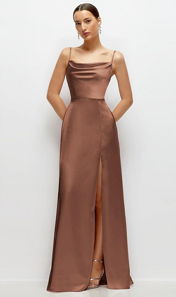 Front View - Cognac Cowl Neck Satin Maxi Dress with Adjustable Spaghetti Straps