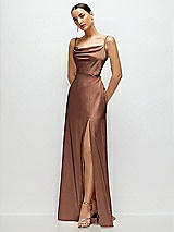 Side View Thumbnail - Cognac Cowl Neck Satin Maxi Dress with Adjustable Spaghetti Straps
