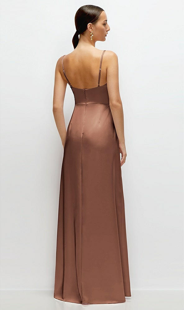Back View - Cognac Cowl Neck Satin Maxi Dress with Adjustable Spaghetti Straps