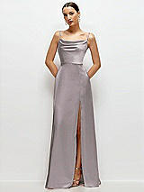 Front View Thumbnail - Cashmere Gray Cowl Neck Satin Maxi Dress with Adjustable Spaghetti Straps