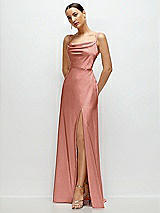 Side View Thumbnail - Desert Rose Cowl Neck Satin Maxi Dress with Adjustable Spaghetti Straps