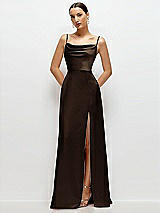 Front View Thumbnail - Espresso Cowl Neck Satin Maxi Dress with Adjustable Spaghetti Straps