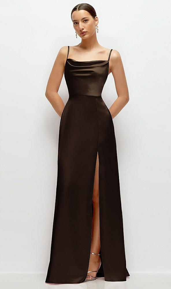 Front View - Espresso Cowl Neck Satin Maxi Dress with Adjustable Spaghetti Straps