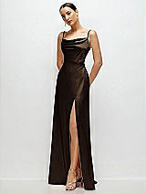 Side View Thumbnail - Espresso Cowl Neck Satin Maxi Dress with Adjustable Spaghetti Straps