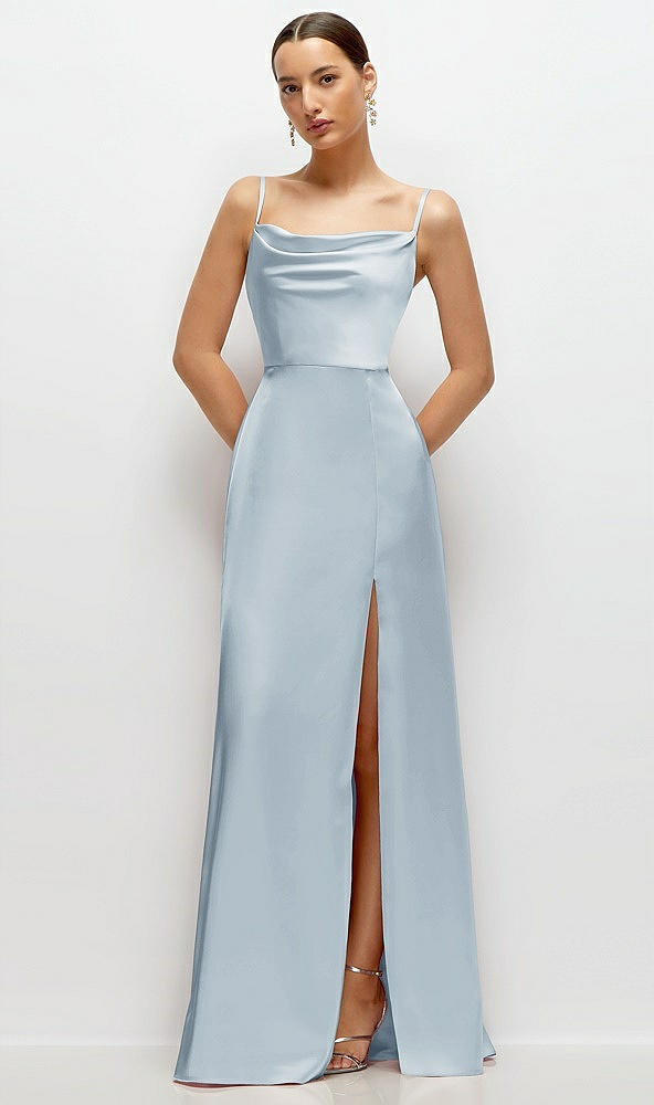 Front View - Mist Cowl Neck Satin Maxi Dress with Adjustable Spaghetti Straps