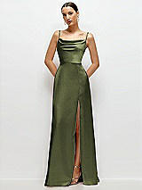 Front View Thumbnail - Olive Green Cowl Neck Satin Maxi Dress with Adjustable Spaghetti Straps