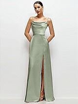 Front View Thumbnail - Sage Cowl Neck Satin Maxi Dress with Adjustable Spaghetti Straps