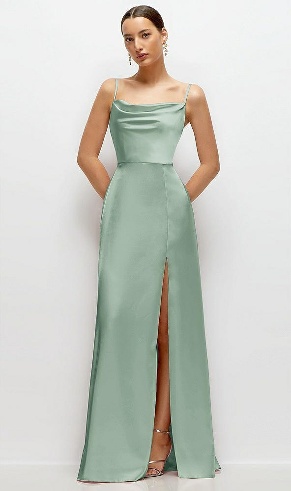 Front View - Seagrass Cowl Neck Satin Maxi Dress with Adjustable Spaghetti Straps