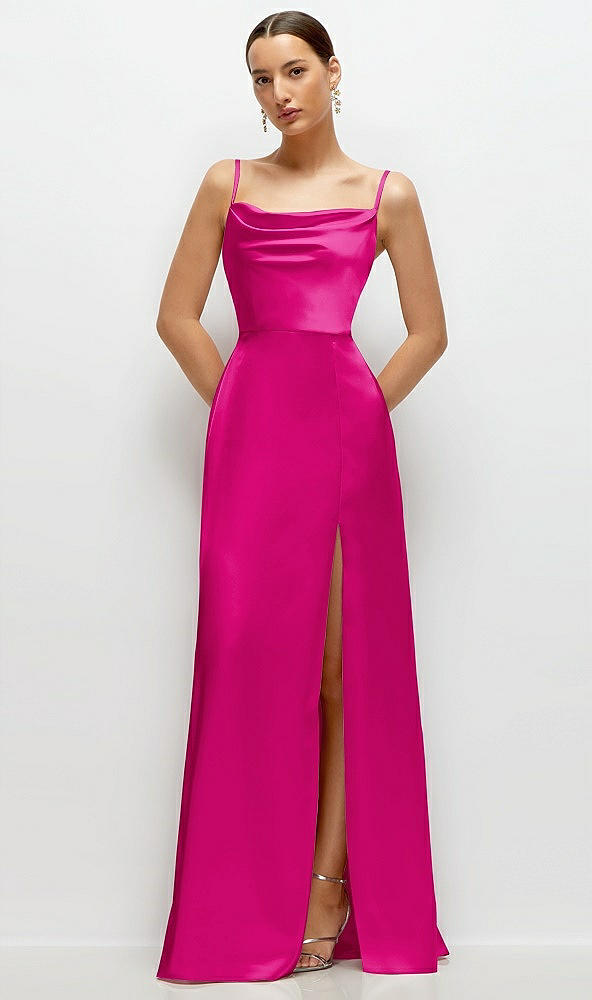 Front View - Think Pink Cowl Neck Satin Maxi Dress with Adjustable Spaghetti Straps