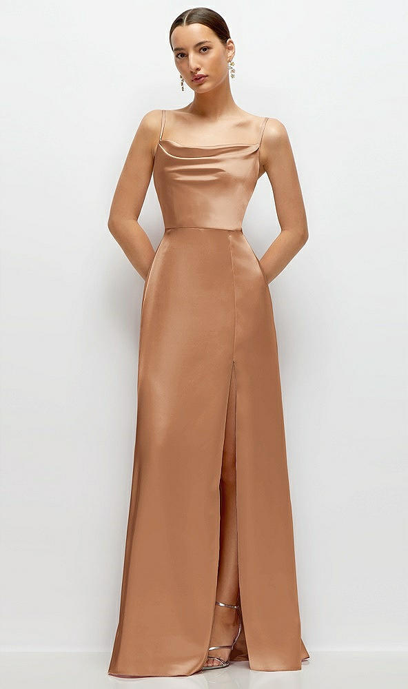 Front View - Toffee Cowl Neck Satin Maxi Dress with Adjustable Spaghetti Straps