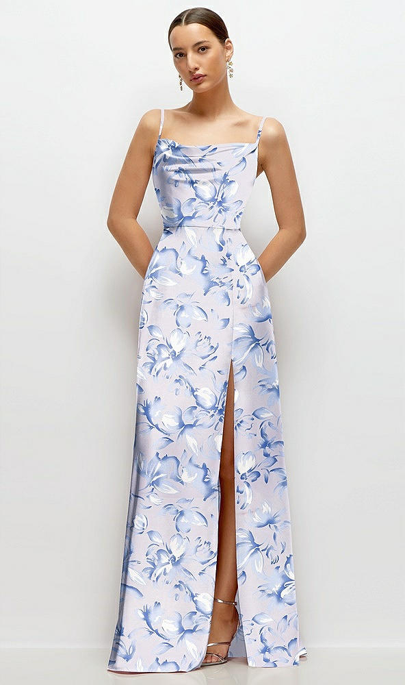 Front View - Magnolia Sky Floral Cowl Neck Satin Maxi Dress with Adjustable Spaghetti Straps
