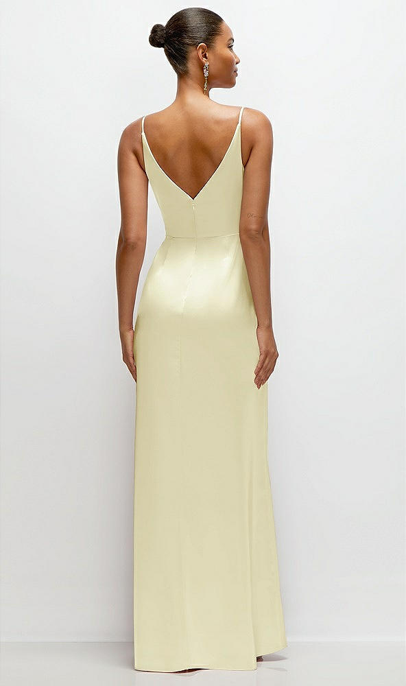Back View - Butter Yellow Pleated Faux Wrap Satin Maxi Dress with Adjustable Spaghetti Straps
