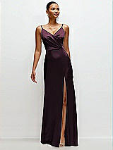 Front View Thumbnail - Deep Plum Pleated Faux Wrap Satin Maxi Dress with Adjustable Spaghetti Straps