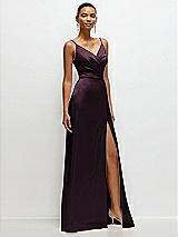 Side View Thumbnail - Deep Plum Pleated Faux Wrap Satin Maxi Dress with Adjustable Spaghetti Straps
