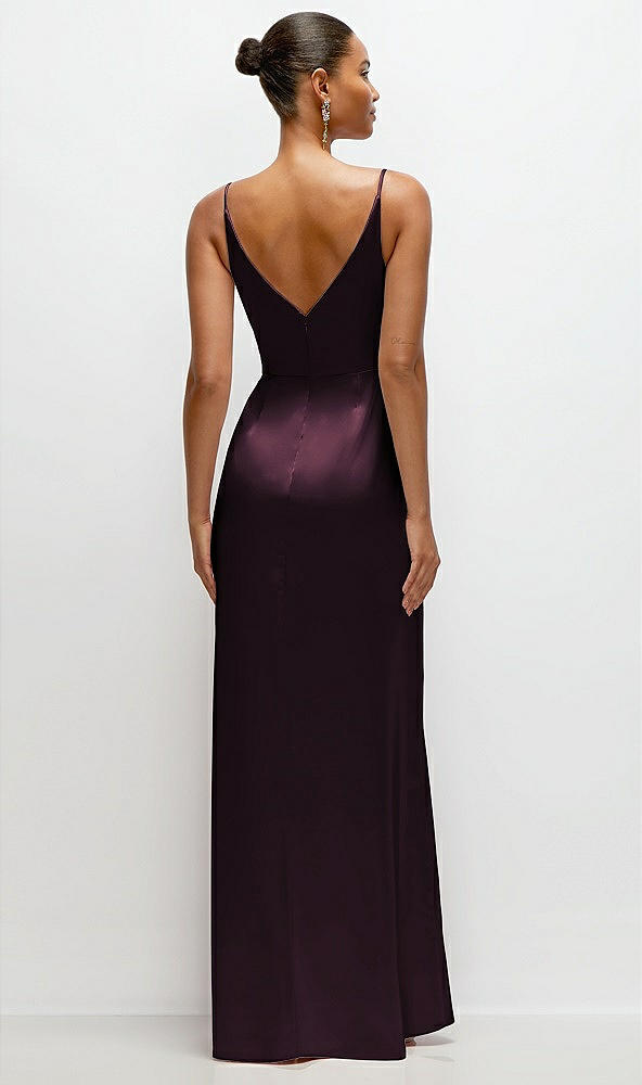 Back View - Deep Plum Pleated Faux Wrap Satin Maxi Dress with Adjustable Spaghetti Straps