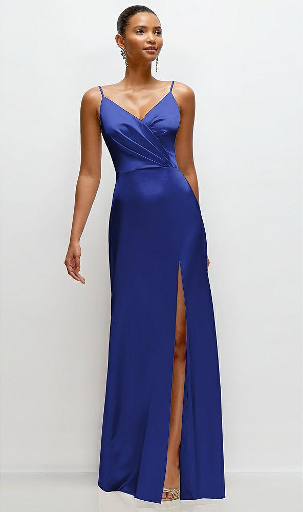 Front View - Cobalt Blue Pleated Faux Wrap Satin Maxi Dress with Adjustable Spaghetti Straps