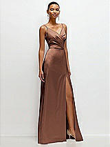 Side View Thumbnail - Cognac Pleated Faux Wrap Satin Maxi Dress with Adjustable Spaghetti Straps