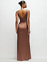 Rear View Thumbnail - Cognac Pleated Faux Wrap Satin Maxi Dress with Adjustable Spaghetti Straps